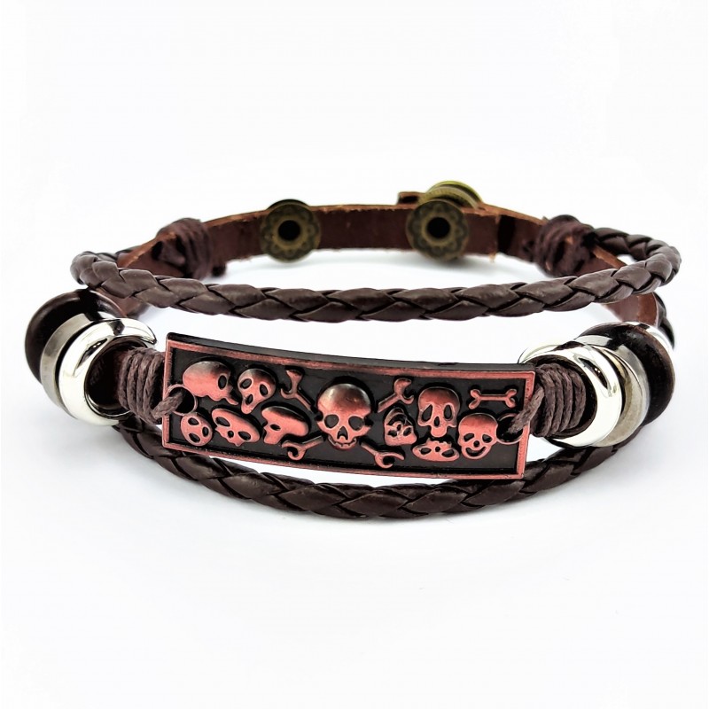 Multi Leren Armband met Schedels-Plaat Multi Leren Armband met Schedels-Plaat
