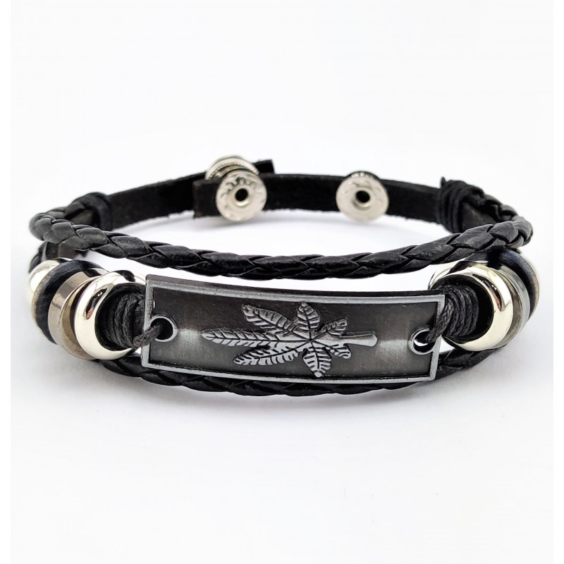 Multi Leren Armband met Plaat-Marihuana Blad