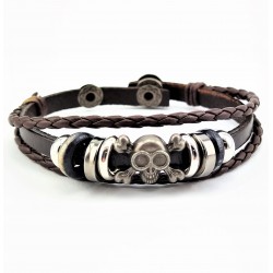 Multi Donkerbruine Leren Armband met Schedel Hanger