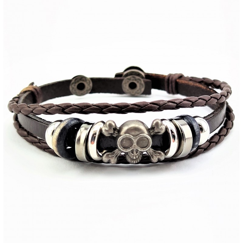 Multi Donkerbruine Leren Armband met Schedel Hanger