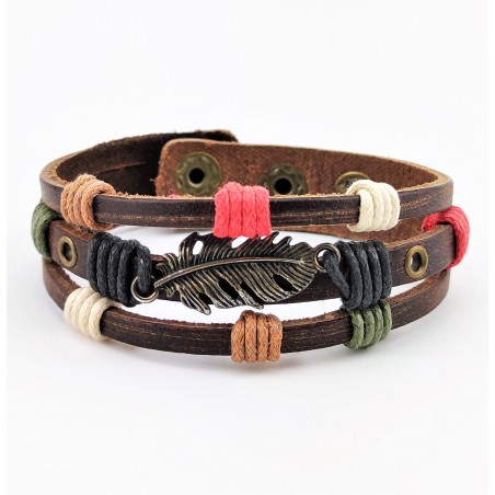 Donkerbruine Leren Armband met Multicolor-Veters