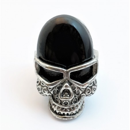 Stalen Schedel Ring met Onyx Steen