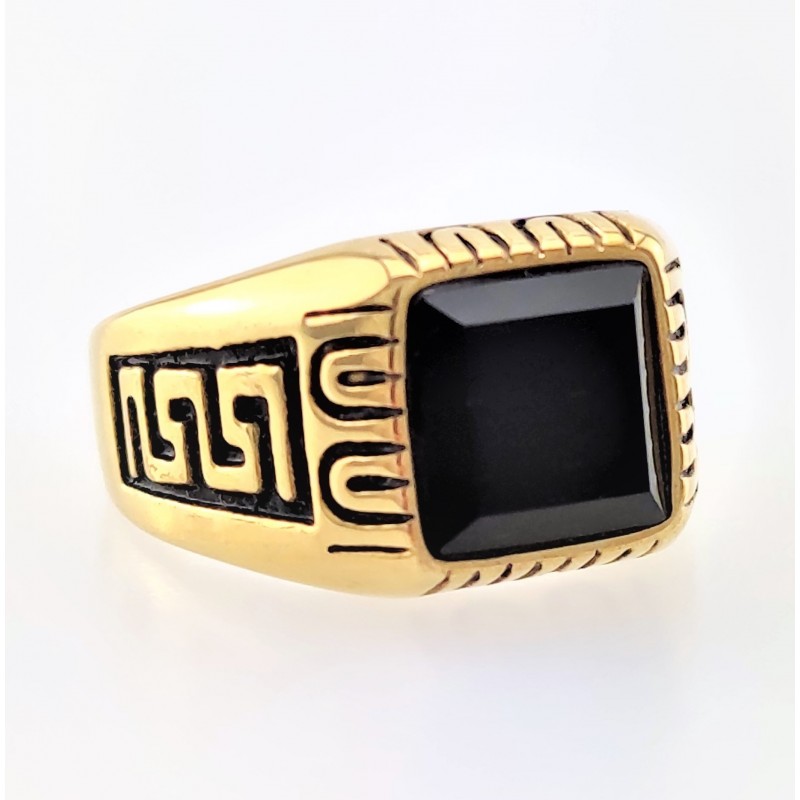 Goudkleurige Roestvrij Staal Grieks-Ring met Onyx